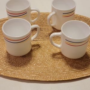 4 Arcopal Mugs Fireworks Yellow Red Blue Swirls White Milk Glass Vintage Set